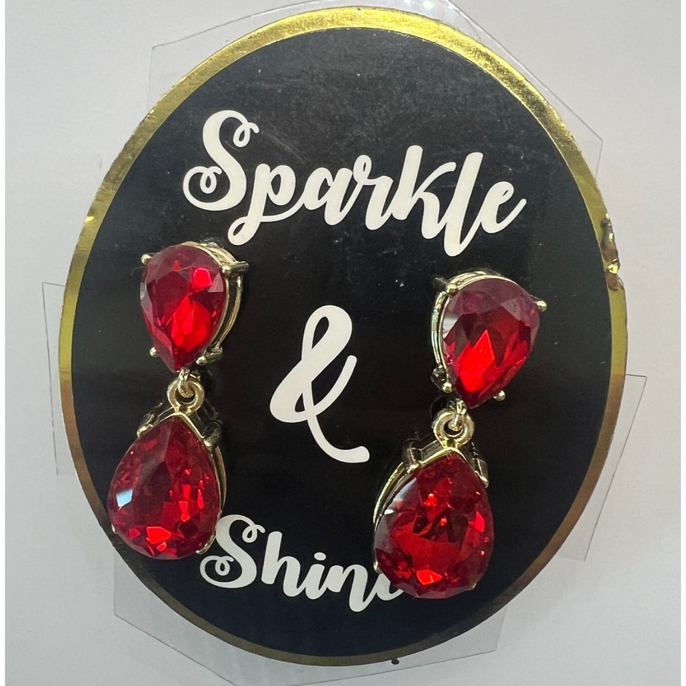 Vintage Red Rhinestone Teardrop Dangle Earrings 1.5" NOS Gold Drop Post Bold New